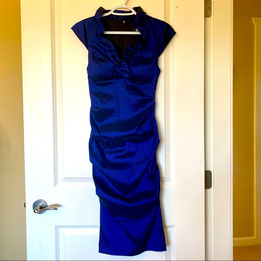 Ruched cap sleeve padded bust blue sheen